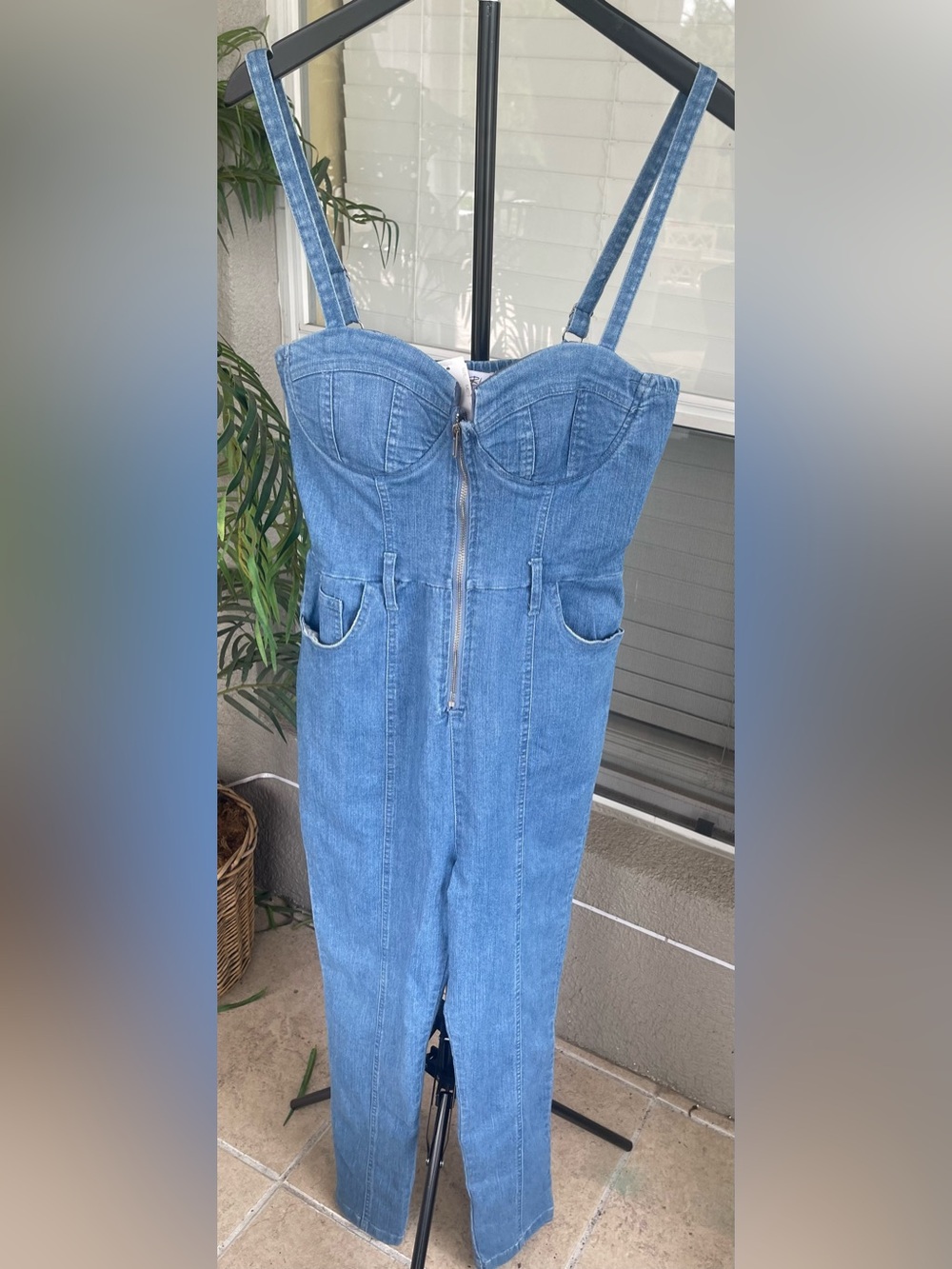 Denim Bustier Jumpsuit in Light Blue Size M